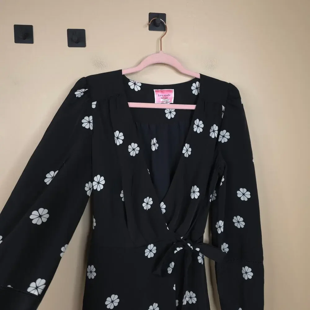 Kate Spade Long Sleeve Spade Clover Wrap Dress in Black Size 12